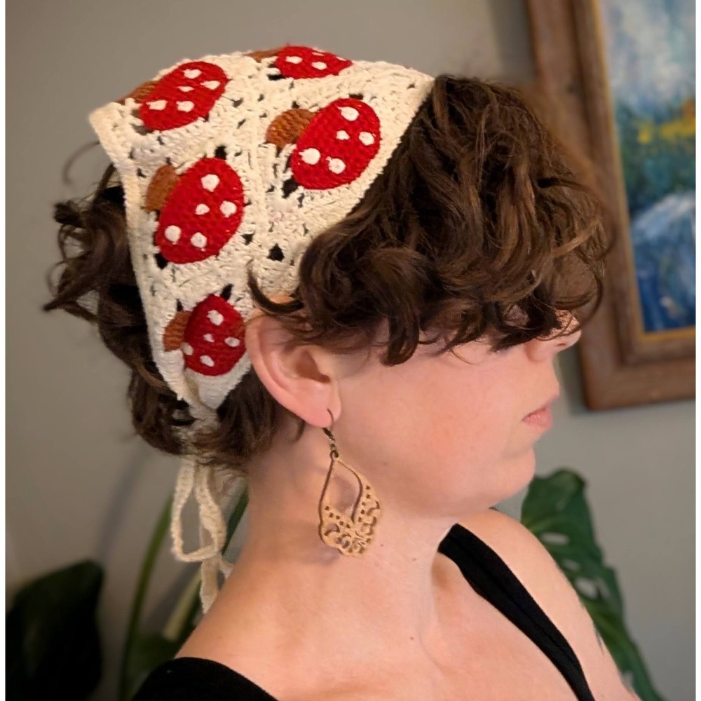 Crochet Mushroom Bandana Hair Kerchief Cottagecore Boho Head Scarf Toadstool Red